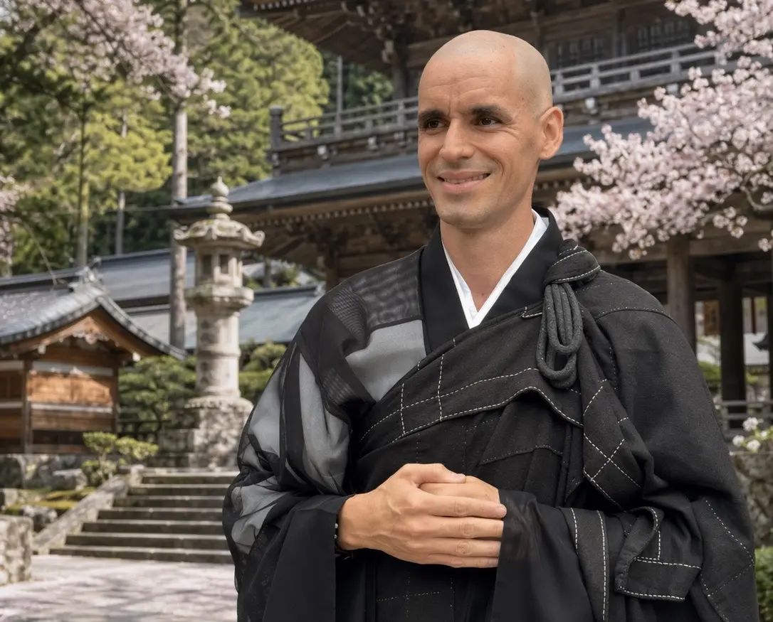 Monge Butsukei diante de um templo, sob cerejeiras em flor
